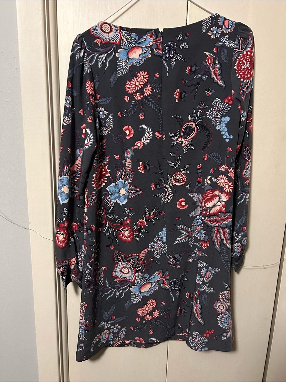 LOFT Charcoal Floral Long-Sleeve Shift Dress with Red & Blue Blooms - Picture 3 of 4